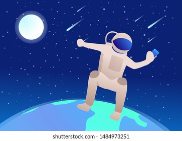 Cosmonaut taking selfie in open space. Spacesuit, starfall, planet, photo. Space concept. Vector illustration can be used for presentation slide, poster, new project