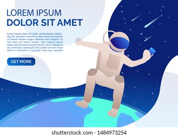 Cosmonaut taking selfie in open space presentation slide. Spacesuit, starfall, planet, photo. Space concept. Vector illustration can be used for presentation slide, poster, new project