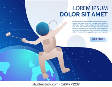 Cosmonaut taking selfie in outer space presentation slide. Spacesuit, planet, photo. Space concept. Vector illustration can be used for presentation slide, poster, new project