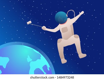 Cosmonaut taking selfie in outer space. Spacesuit, planet, photo. Space concept. Vector illustration can be used for presentation slide, poster, new project
