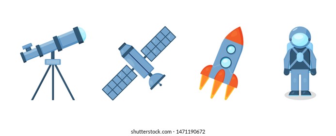 cosmonaut telescope satwllite rocket icon set white background