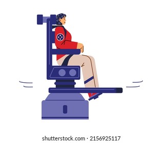 Cosmonaut training in rotating chair to strengthen the vestibular apparatus, flat cartoon vector illustration isolated on white background. Astronauts workout equipment.