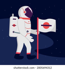 Cosmonaut vector illustration. Spaceman holding flag on space