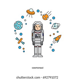 Cosmonaut. Vector isolated on white background illustration.Set of vector isolated line filled icons. Pixel Perfect. For web design and presentations, site 