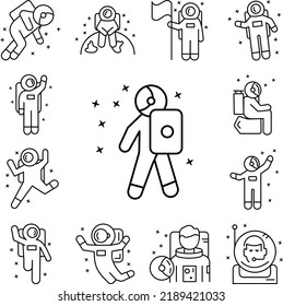 Cosmonaut, watch, star icon in a collection with other items