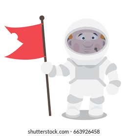 Cosmonaut in a white spacesuit with red flag. Vector illustration isolated on white background
