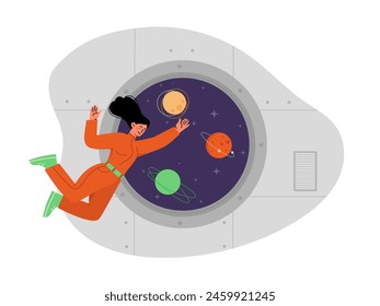 Mujer cosmonauta en el concepto de nave espacial. Joven volando dentro del cohete. La investigación del cosmos y el espacio, la galaxia y el universo. Viaje, vuelo y viaje. Ilustración vectorial plana de dibujos animados