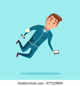 Cosmonaut in zero gravity. Vector cartoon illustration. Astronaut character in flight.