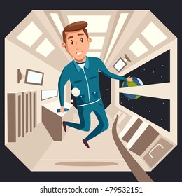 Cosmonaut In Zero Gravity. Vector Cartoon Illustration. Astronaut Character In Flight. Interstellar Spaceship. Interior Of Spacecraft