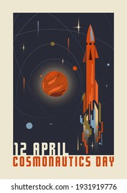 Día de los Cosmonáuticos. 12 de abril. Día Internacional del Vuelo Espacial Humano. Ilustración en afiches soviéticos de estilo retro. Cohetes en el espacio
