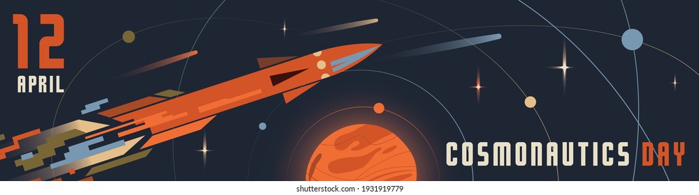 Cosmonautics Day. 12 april. International Day of Human Space Flight. Illustration in Soviet retro style posters. Rocket in space