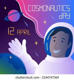 Cosmonautics Day. 12 april. International Day of Human Space Flight. Cosmonaut in space suits in spacewalk on dark background near earth. Flat vector illustration of cosmos