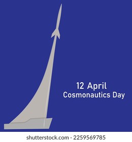 Cosmonautics Day, April 12. Monument to the conquerors of space. The rocket rushes into the sky. Vector on a blue background