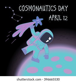 cosmonautics day - april 12. Vector greeting card day of cosmonautics. astronaut hold the tail of the comet and flies around the planet. Cartoon cosmonaut