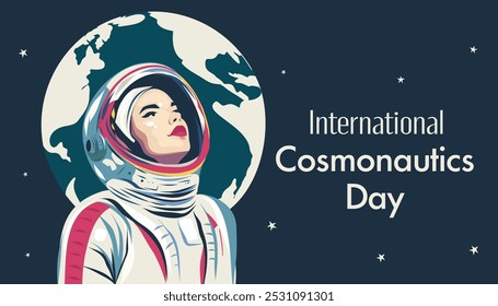 Cosmonautics Day. April 12. Woman astronaut in a spacesuit against the background of the starry sky. Vector illustration, postcard