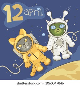 Cosmonautics day card / Funny vector illustrations with cats in space suit