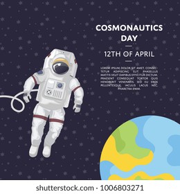 Cosmonautics day poster with spaceman on earth orbit. World aerospace holiday, astronaut space mission in deep universe vector illustration. Cosmic exploration and planet colonization concept.