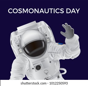 Cosmonautics Day promotional poster with spaceman in modern white pressure suit that waves with his hand isolated cartoon flat vector illustration.