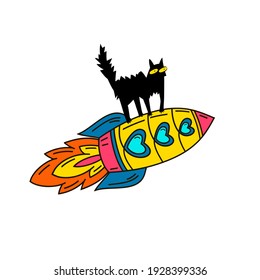Cosmonautics Day. Rocket Cat. Cosmic space , rocket, satellite, stars, planet, comet. Hand drawn vector illustration.