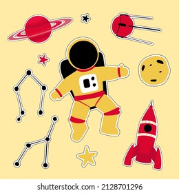 Cosmonautics day sticker set. Astronaut, stars, constellation, planet, rocket