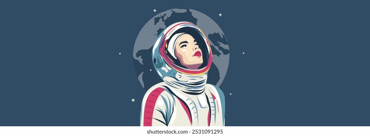 Cosmonautics Day. Woman astronaut in a spacesuit against the background of the starry sky. Women's Day. Banner with space for text. Vector illustration, postcard