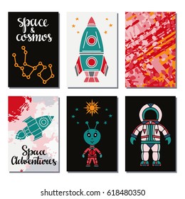 Cosmonautics, space cartoon cards set. Spaceship, space suit, rocket, stars, sun, alien, comet, constellation hand drawn