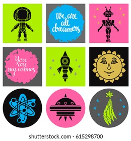 Cosmonautics, space cartoon icons set. Spaceship, spacesuit, rocket, stars, sun, comet, atom, robot hand drawn isolated on white background