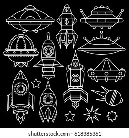 Cosmonautics, space cartoon set. Spaceship, rocket, star, comet, satellite hand drawn. White lines isolated on black background