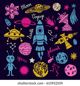 Cosmonautics, space, ufo cartoon set. Spaceship, rocket, star, planet, comet, atom, hand drawn isolated on black background