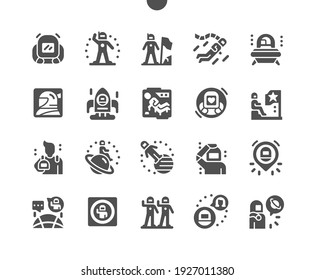 Cosmonauts. Astronaut on planet. Space rocket launch. Spaceship, spacesuit, astronomy, science, cosmos, technology, galaxy and galactic. Vector Solid Icons. Simple Pictogram