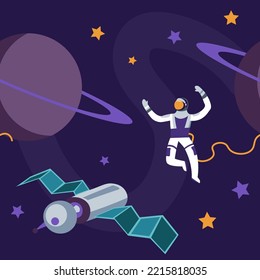 Cosmonauts and astronauts exploring space and galaxy. Celestial bodies and spaceship. Planets and universe discovery. Seamless pattern or background, print or wallpaper. Vector in flat style