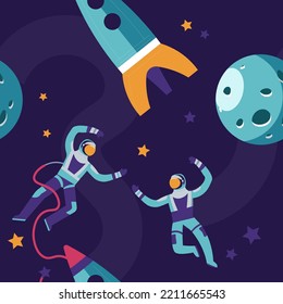 Cosmonauts in cosmos exploring space and galaxy. Rocket and moon, planets and stars, celestial bodies and discoveries of outer universe. Astronauts in costumes floating. Vector in flat style