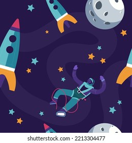 Cosmonautas explorando el espacio exterior, descubriendo galaxias. Luna y estrellas, cuerpos celestes con cohetes y misiles. Los astronautas utilizan un patrón o fondo sin fisuras, papel impreso o tapiz. Vector de estilo plano