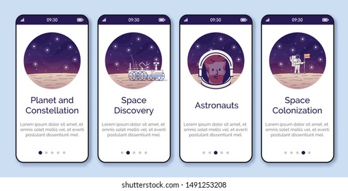 Cosmonauts onboarding mobile app screen vector template. Planet and constellation. Space discovery. Walkthrough website steps with flat characters. UX, UI, GUI smartphone cartoon interface concept