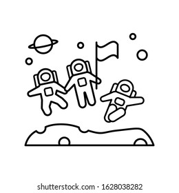 Cosmonauts in open space under planet icon. Simple line, outline vector elements of interplanetary colonization icons for ui and ux, website or mobile application