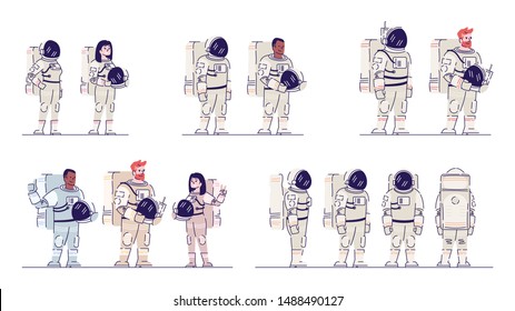 Cosmonauts in space suits flat vector illustrations set. Multiracial male and female astronauts standing and holding helmets isolated cartoon characters. Crew members of spacecraft. Aerospace industry