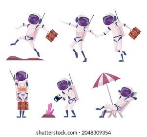 Cosmonauts. Space tourists universe travellers auto stop on rockets futuristic characters exact vector illustrations set