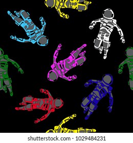 cosmonauts in spacesuits of different colors on a dark background, open space. funky style seamless pattern.
Freehand drawing vector. 
