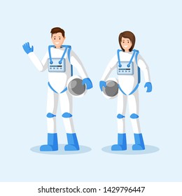 Cosmonauts in spacesuits flat vector illustration. Male and female astronauts standing, waving hand and holding helmets cartoon characters. Space mission, universe exploration isolated clipart