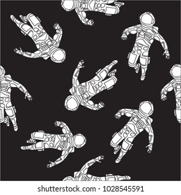 cosmonauts in spacesuits on black background, monochrome seamless pattern.