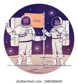 Cosmonauts team placing flag in outer space flat concept icon. Smiling astronauts in spacesuit sticker, clipart. Cosmic mission, space travel isolated cartoon illustration on white background