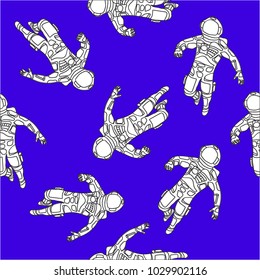 cosmonauts in white spacesuits on a blue background, open space, bright seamless pattern. Freehand drawing vector.
