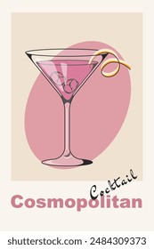 Cosmopolitan classic Cocktail retro poster. A popular drink. Cocktail. Vintage flat vector illustration for bar, restaurant, kitchen, wall print.