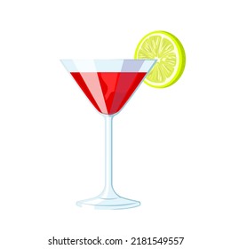 Cosmopolitan Cocktail Cartoon. Drink Martini, Cosmo Red Vodka, Cranberry Bar Glass Cosmopolitan Cocktail Vector Illustration