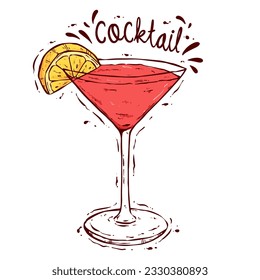 Cosmopolitan Cocktail with Colored Hand Drawing style. Cocktail glasses with colored sketchy style. 