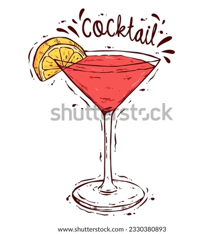 Cosmopolitan Cocktail with Colored Hand Drawing style. Cocktail glasses with colored sketchy style. 