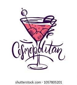 Cosmopolitan cocktail drink vector illustration isolated on white background. Design for menu, banner, poster, flyer, print, card, pin