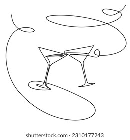 Cosmopolitisches Cocktail-Glass-Leichtigkeit kontinuierliche Linienzeichnung, Minimalistischer Monoline Martini-Cocktail Toast, Alkohol-Getränk-Feiertagszeichnung, Einzeilige Weingläser-Illustration