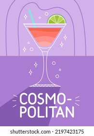 Cosmopolitan cocktail in glass with ice. Classic summer alcohol drink illustration square card. Minimal poster with alcoholic beverage. Vector bright illustration.Wall decoration, prints, poster