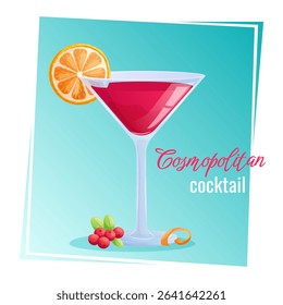 Cosmopolitan cocktail in a glass, orange slices, cranberries, orange peel on a blue background. The concept of a party, cocktail bar, summer. Isolated vector illustration for menu design, posters